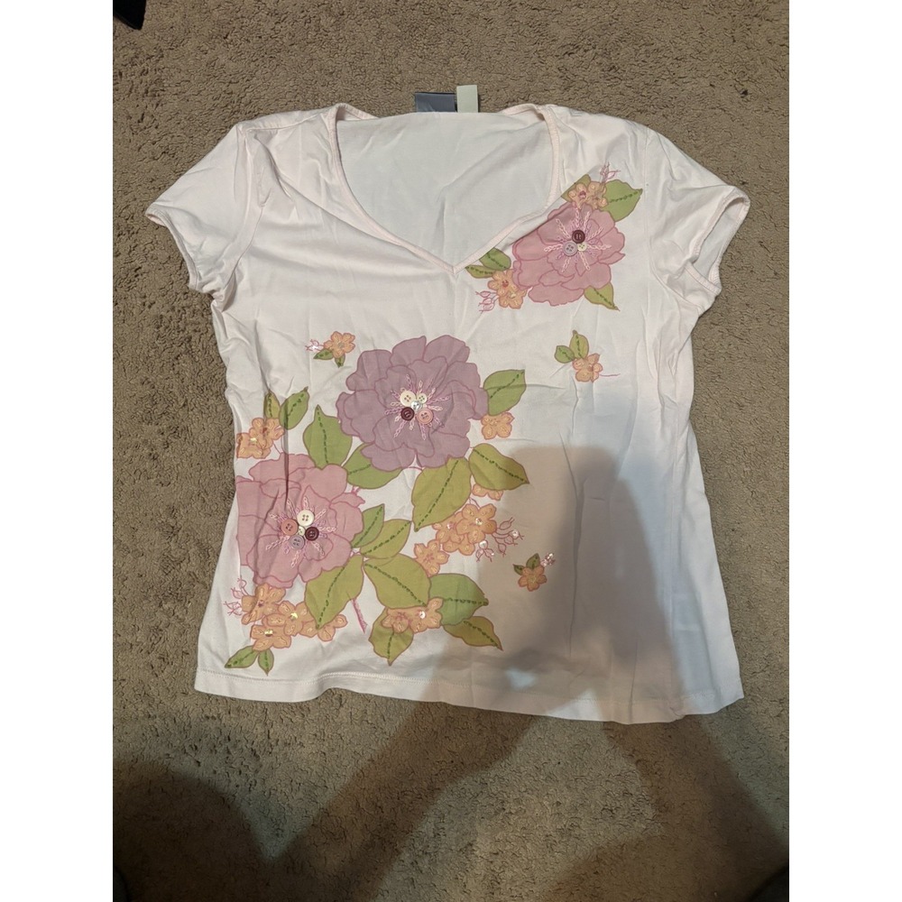 Caribbean Joe knit top size L short sleeve V neck bead ribbon trim floral Pink